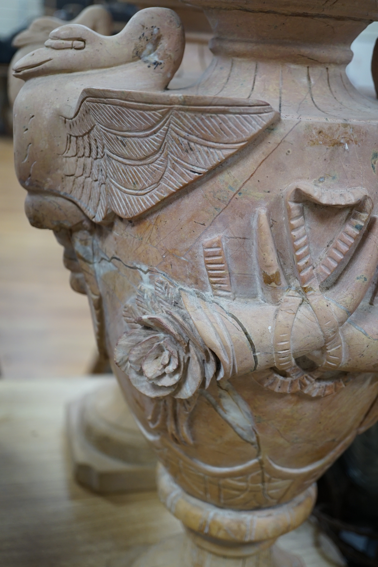 A large pair of Italian carved hardstone finial urns, 59cm